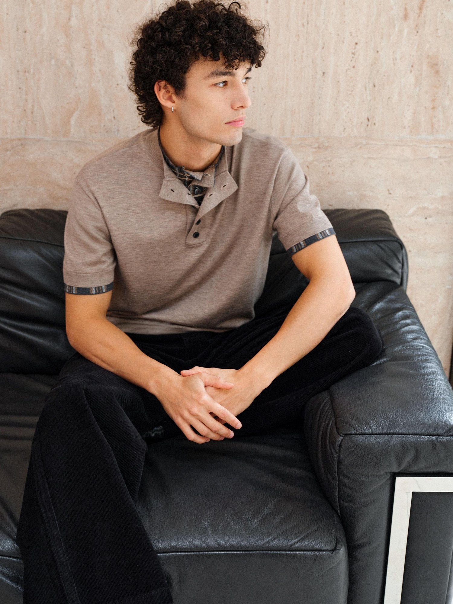 VLABMADE Breathable Wool Blend Layered Checked Stand Collar Unisex Short Sleeve T-Shirts