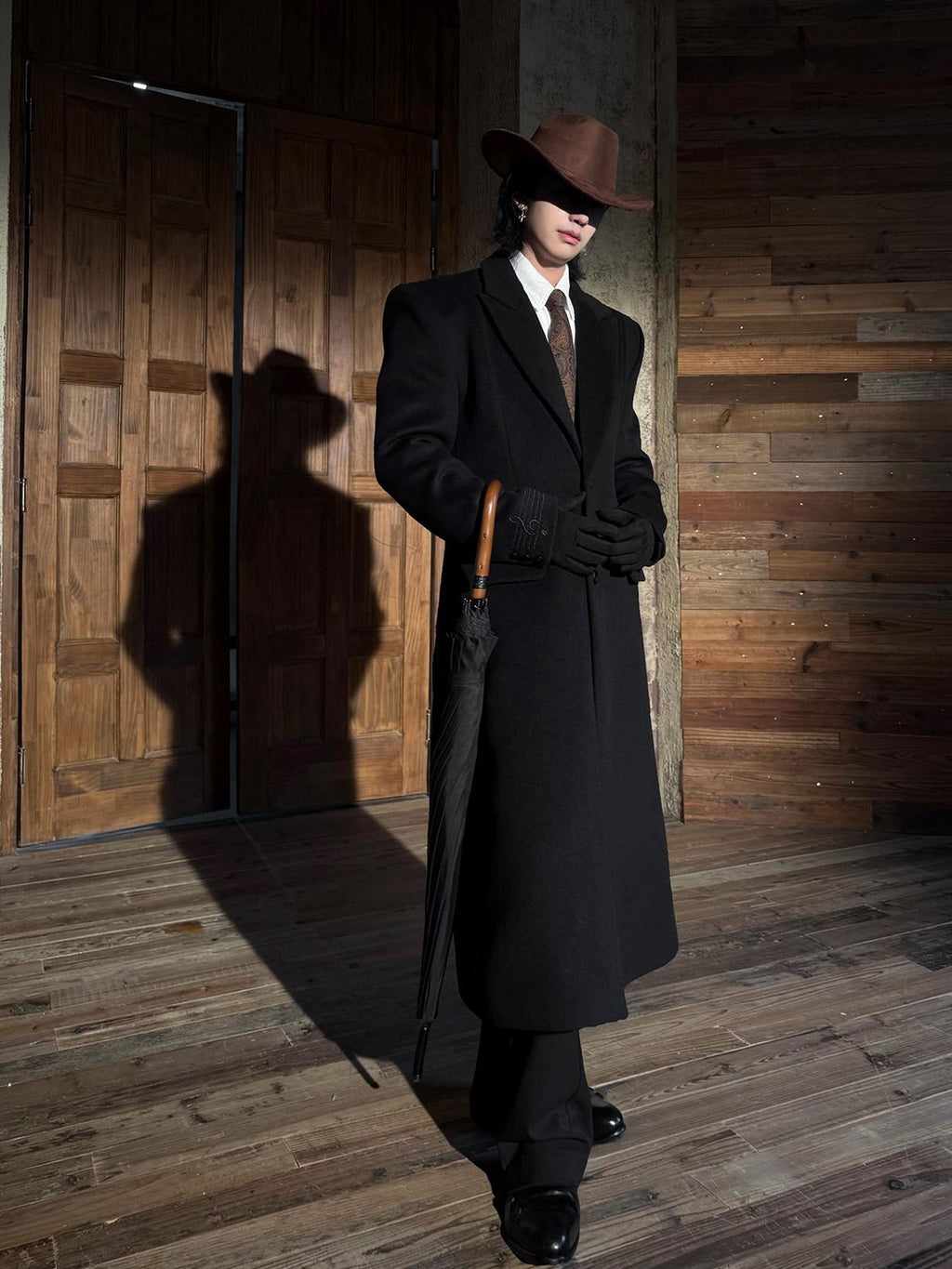 BALITONE Warm Wool Blend Embroidered Button Slim Long Unisex Urban Black Lapel Overcoats