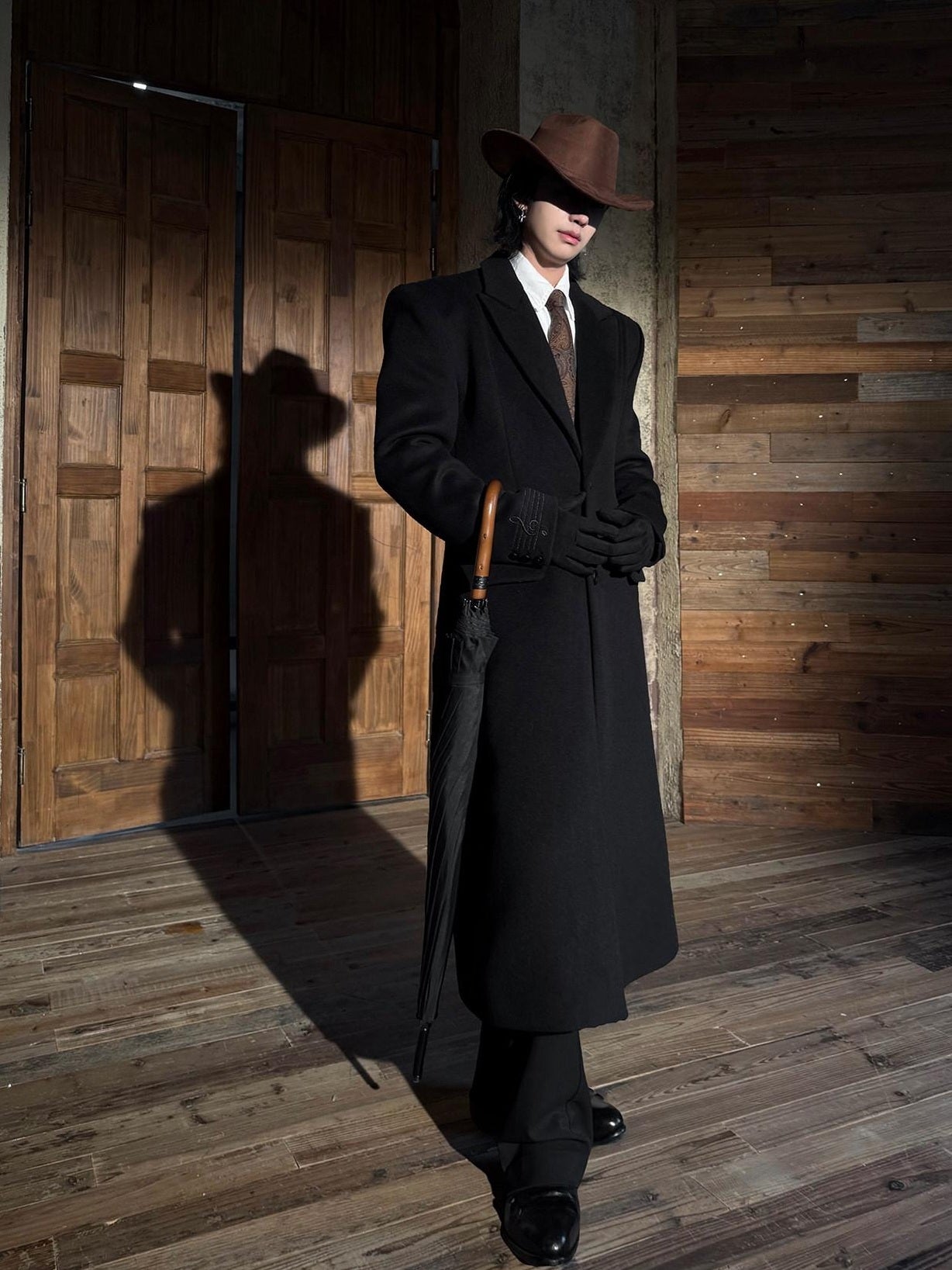 BALITONE Warm Wool Blend Embroidered Button Slim Long Unisex Urban Black Lapel Overcoats
