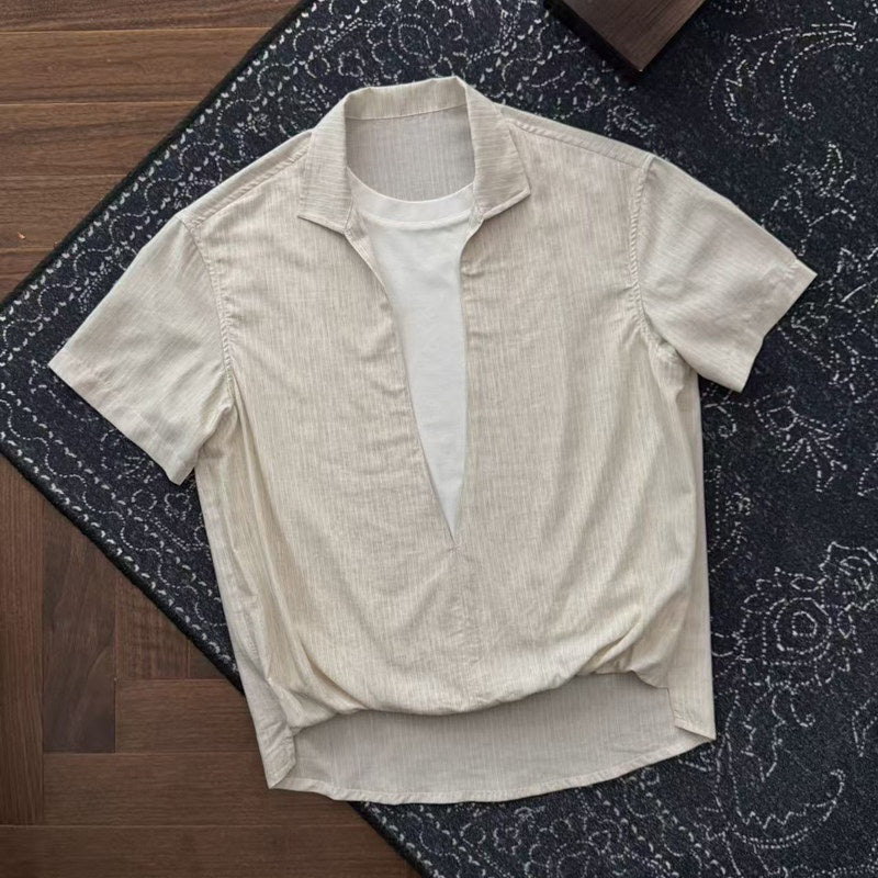 CATSSTAC_Loose_Fit_Faux_Two_Piece_V-neck_Striped_Short_Sleeve_Unisex_Casual_Shirts_MISSTT