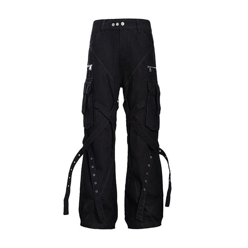CATSSTAC_Tie_Detail_Button_Fly_Loose_Youth_Casual_Black_Straight_Pants_MISSTT