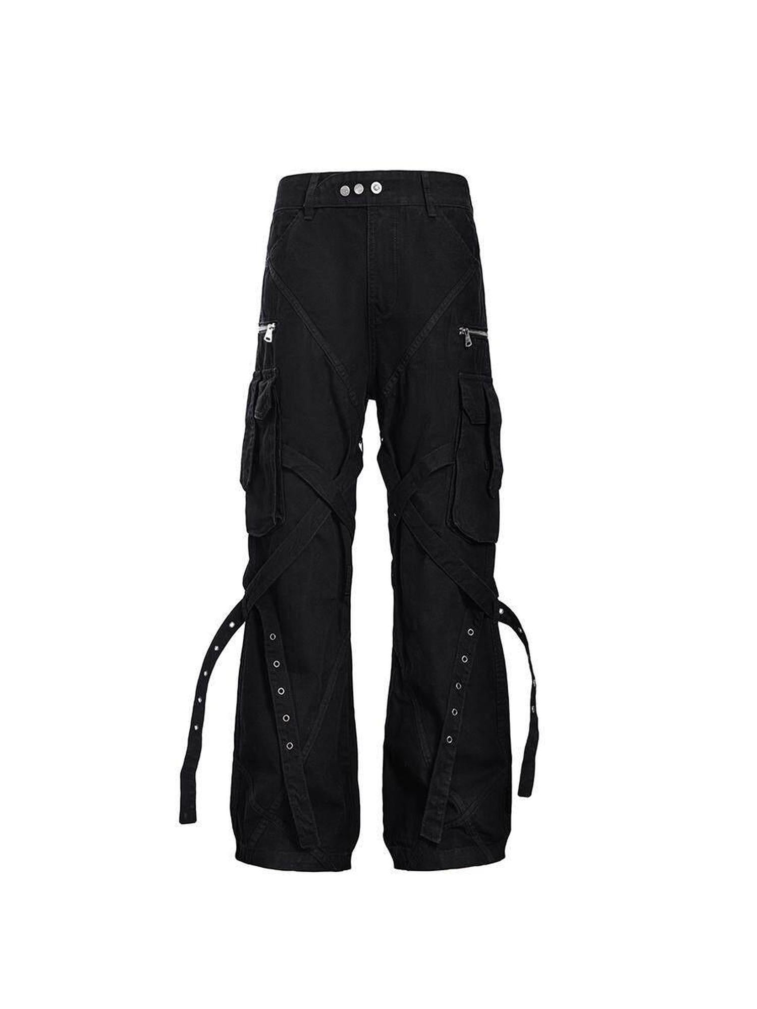 CATSSTAC Tie Detail Button Fly Loose Youth Casual Black Straight Pants