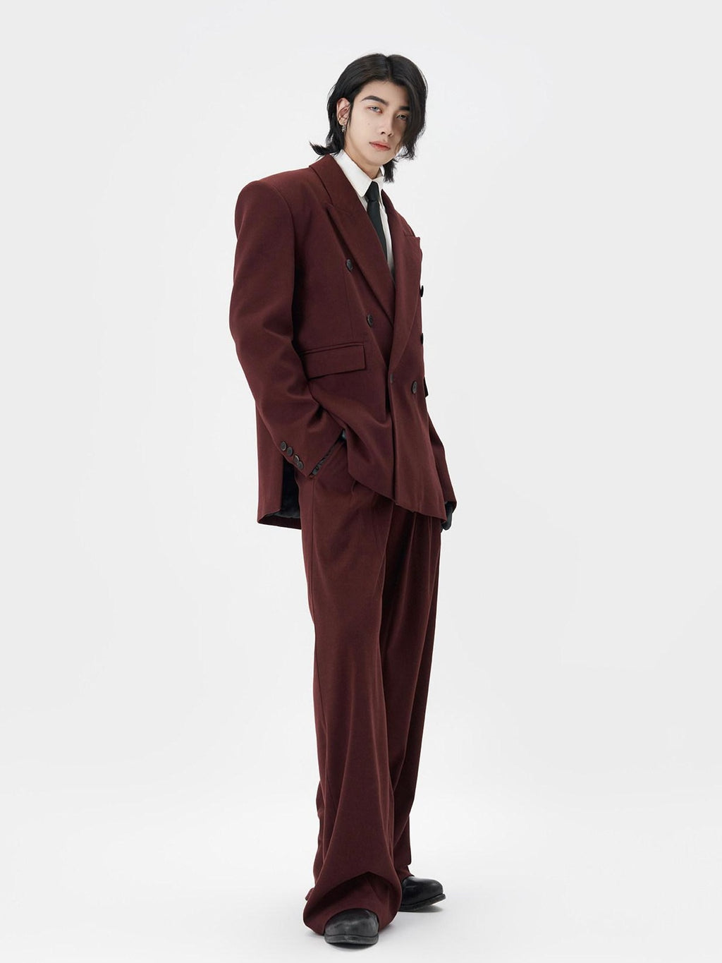 BALITONE Burgundy Black Buttoned Peak Lapel Business Casual Rear Vent Oversized Suits