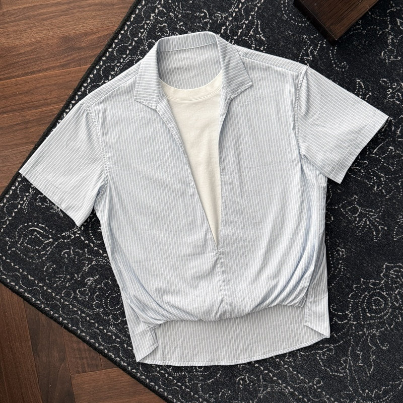 CATSSTAC_Loose_Fit_Faux_Two_Piece_V-neck_Striped_Short_Sleeve_Unisex_Casual_Shirts_MISSTT