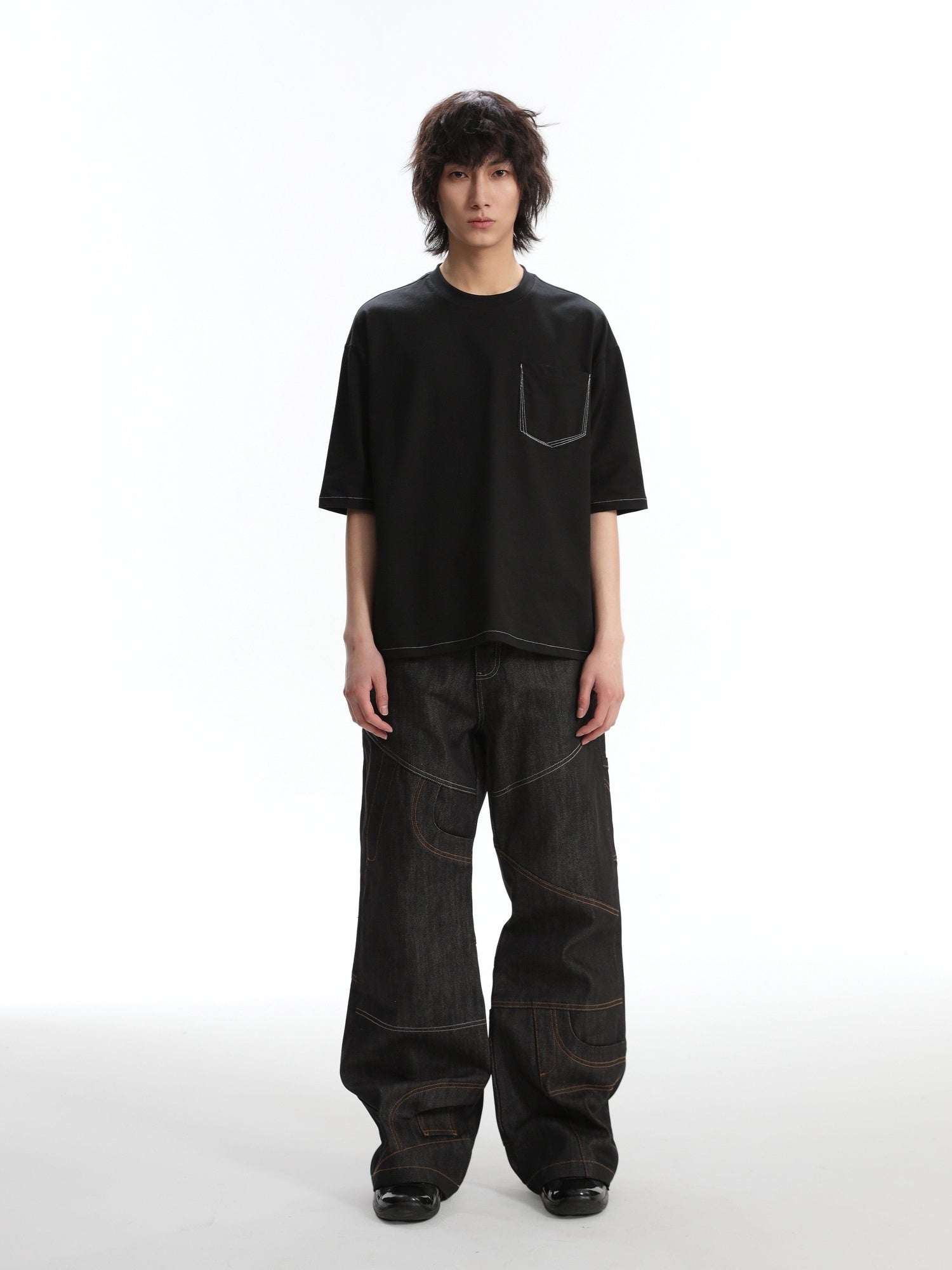 4JUNKS Wrinkle Free Breathable Relaxed Straight Midrise Casual Raw Denim Straight Pants