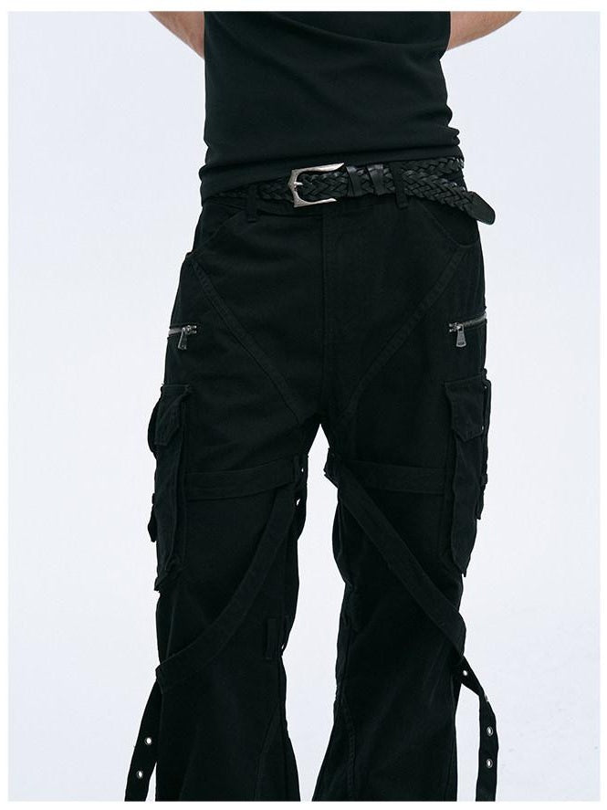 CATSSTAC Tie Detail Button Fly Loose Youth Casual Black Straight Pants