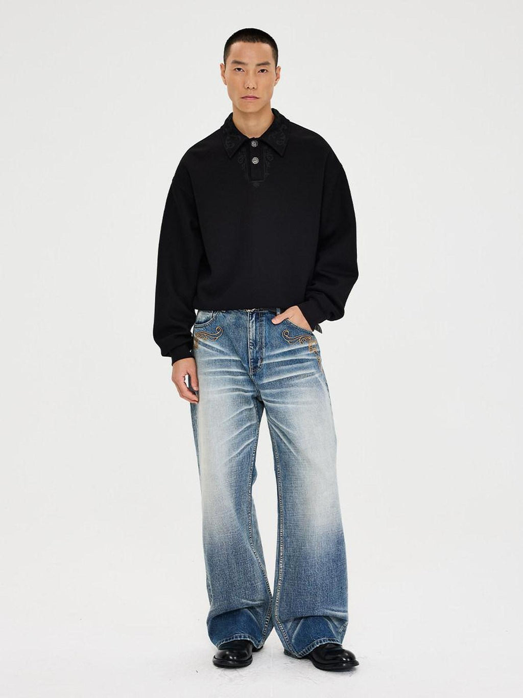 CATSSTAC Embroidered Cotton Blend Loose V-neck Unisex Pullover Hoodies & Sweatshirts