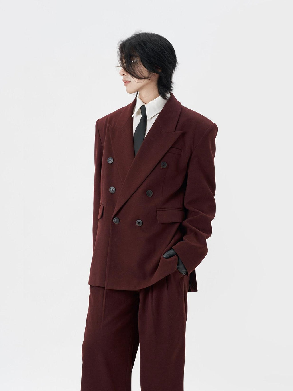 BALITONE Burgundy Black Buttoned Peak Lapel Business Casual Rear Vent Oversized Suits