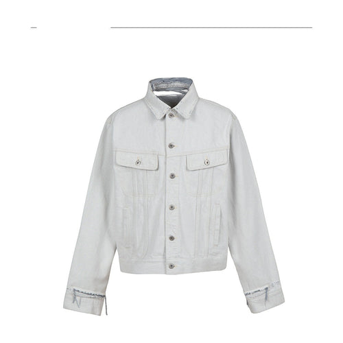 100 Percent Cotton Cropped Boxy Topstitch Casual Men Cream Trucker Jackets main image