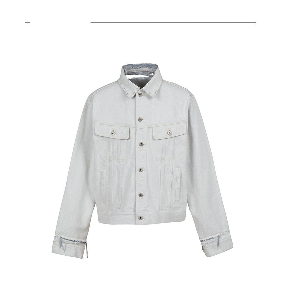 100 Percent Cotton Cropped Boxy Topstitch Casual Men Cream Trucker Jackets main image