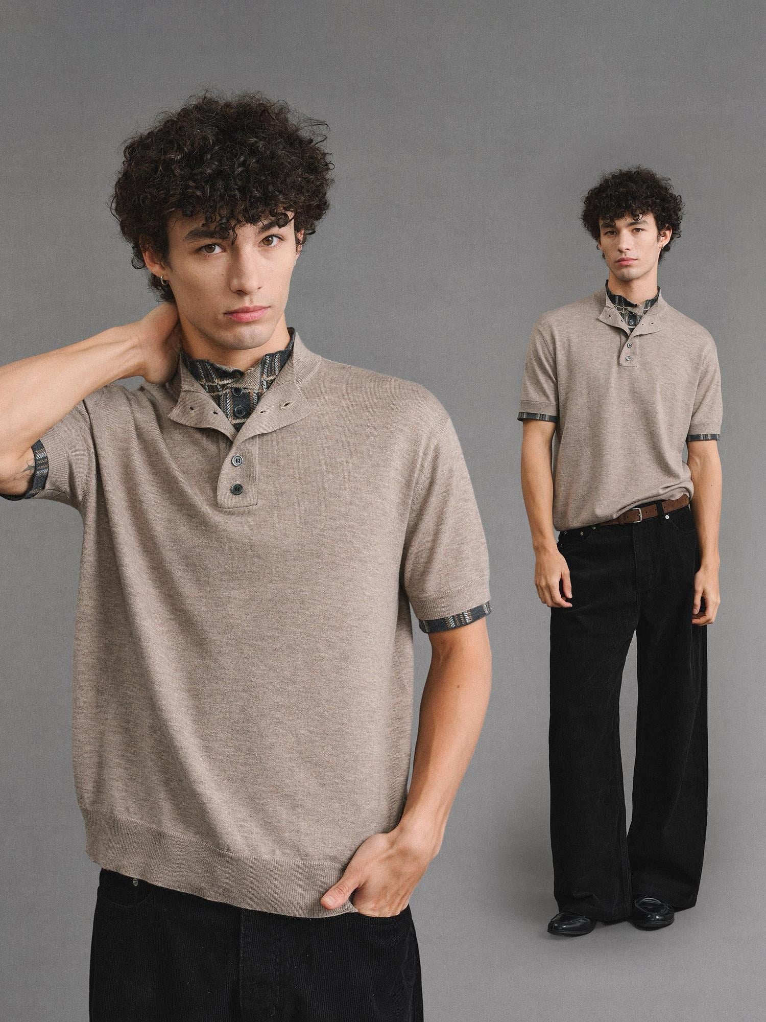 VLABMADE Breathable Wool Blend Layered Checked Stand Collar Unisex Short Sleeve T-Shirts