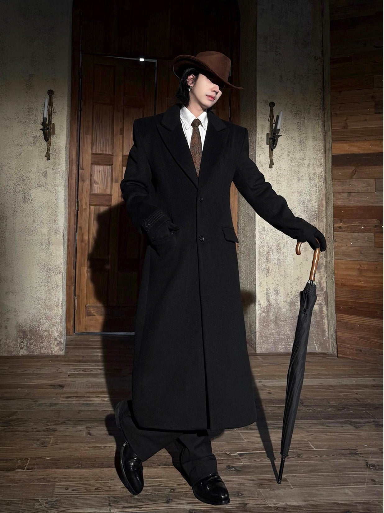 BALITONE Warm Wool Blend Embroidered Button Slim Long Unisex Urban Black Lapel Overcoats