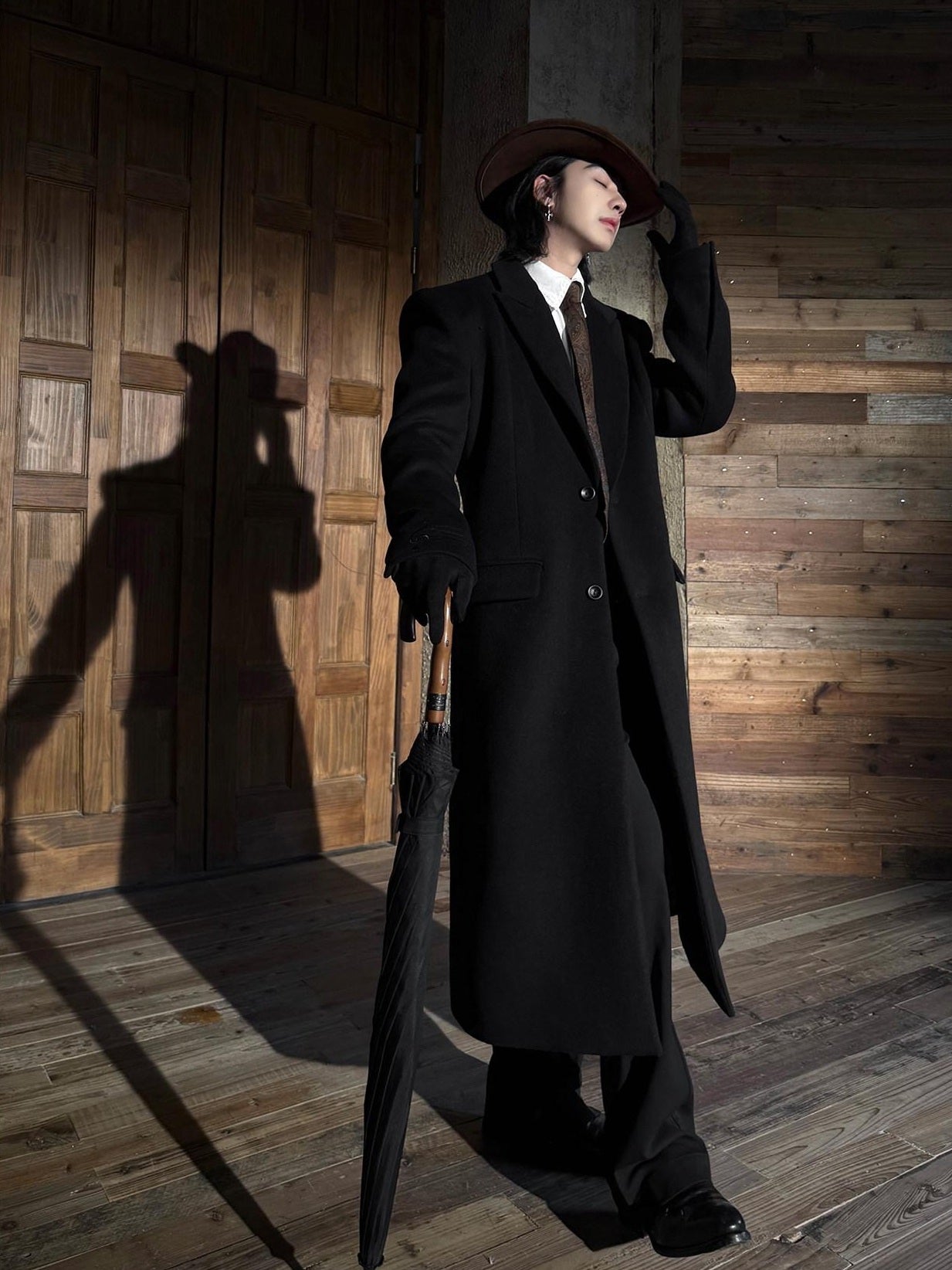BALITONE Warm Wool Blend Embroidered Button Slim Long Unisex Urban Black Lapel Overcoats