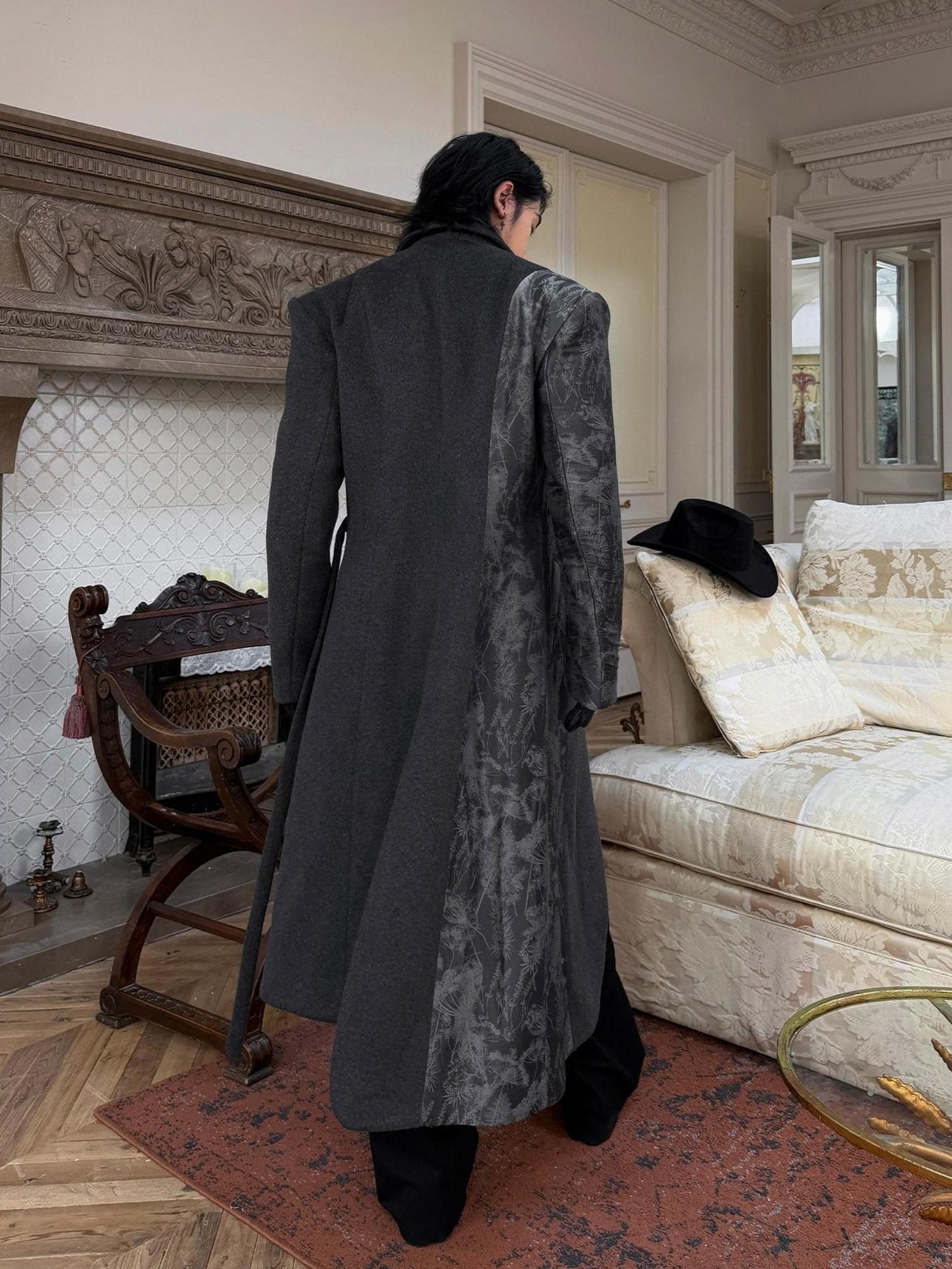 BALITONE Wrinkle Free Slim Fit Irregular Hem Blazer Collar Trendy Deep Gray Wool Coats