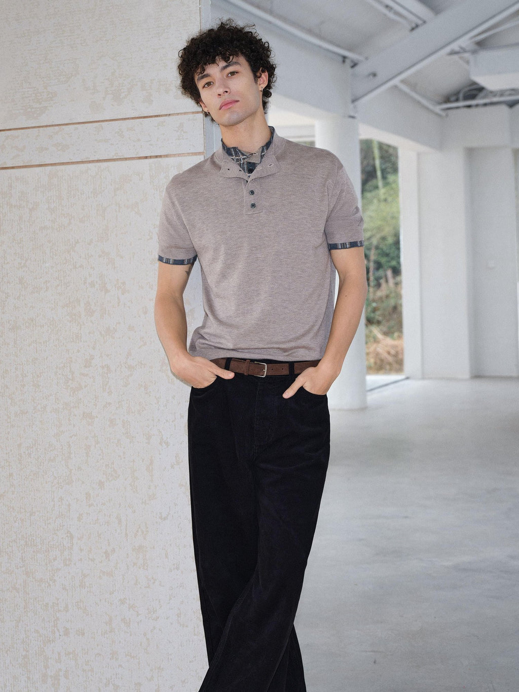 VLABMADE Breathable Wool Blend Layered Checked Stand Collar Unisex Short Sleeve T-Shirts