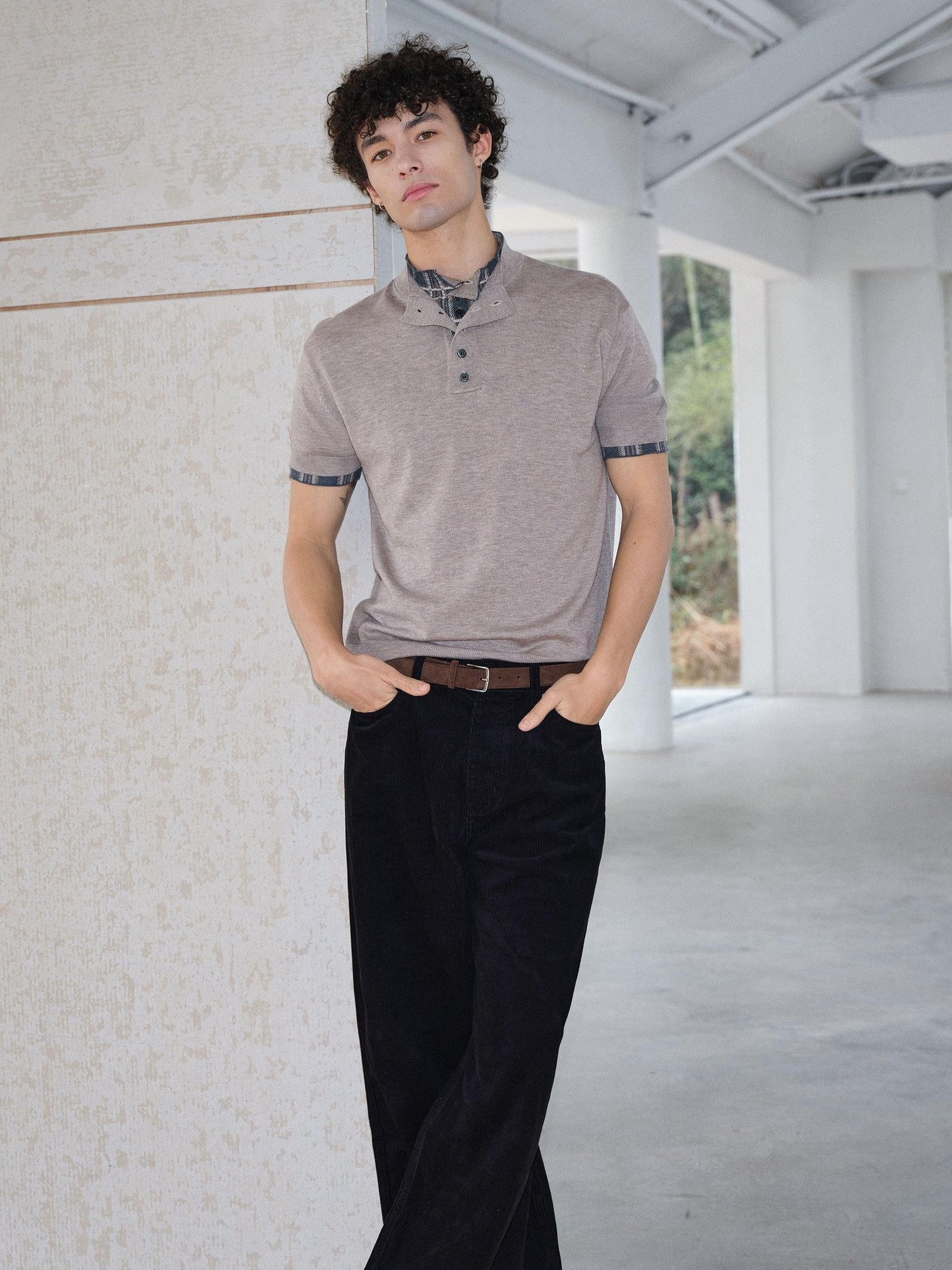 VLABMADE Breathable Wool Blend Layered Checked Stand Collar Unisex Short Sleeve T-Shirts