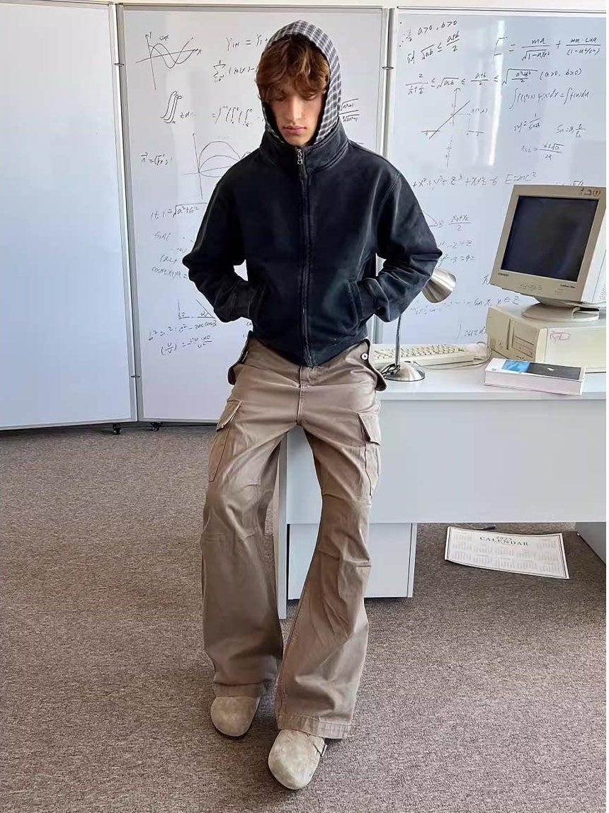 VLABMADE 100% Cotton Loose Straight Zipper Distressed Khaki Casual Classic Cargo Pants