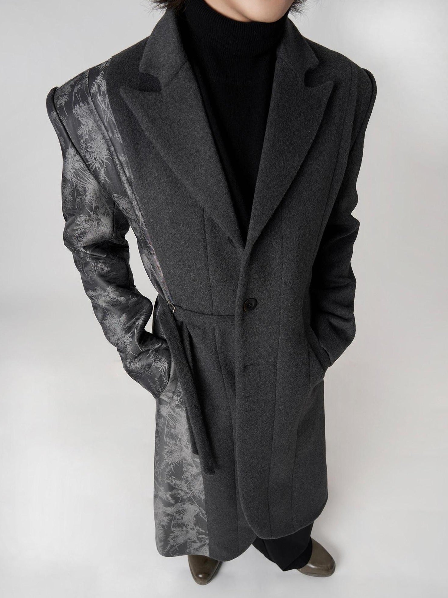 BALITONE Wrinkle Free Slim Fit Irregular Hem Blazer Collar Trendy Deep Gray Wool Coats