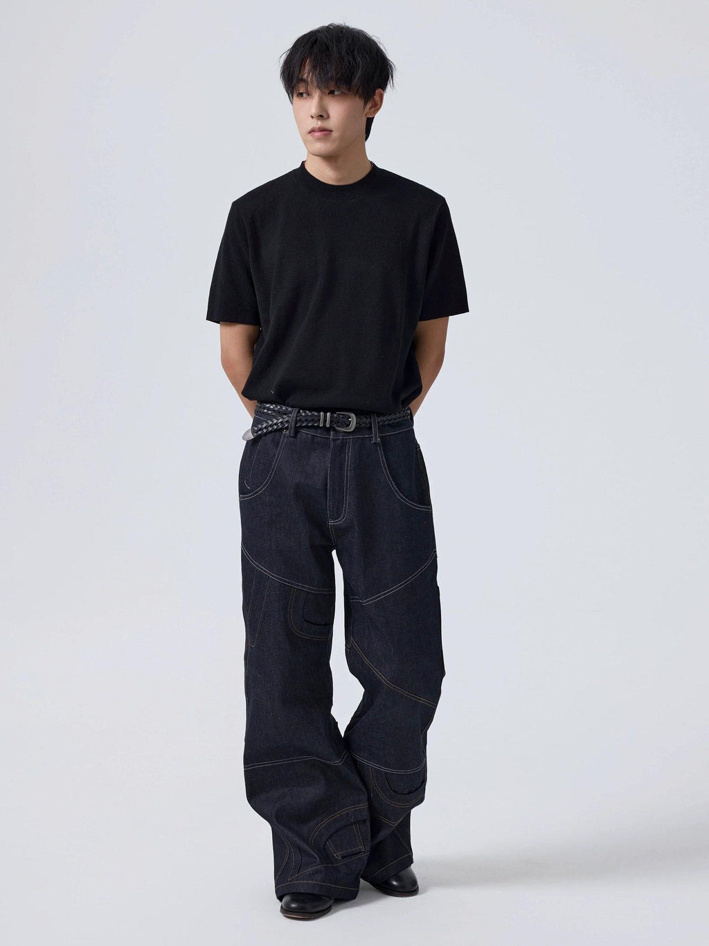 4JUNKS Wrinkle Free Breathable Relaxed Straight Midrise Casual Raw Denim Straight Pants