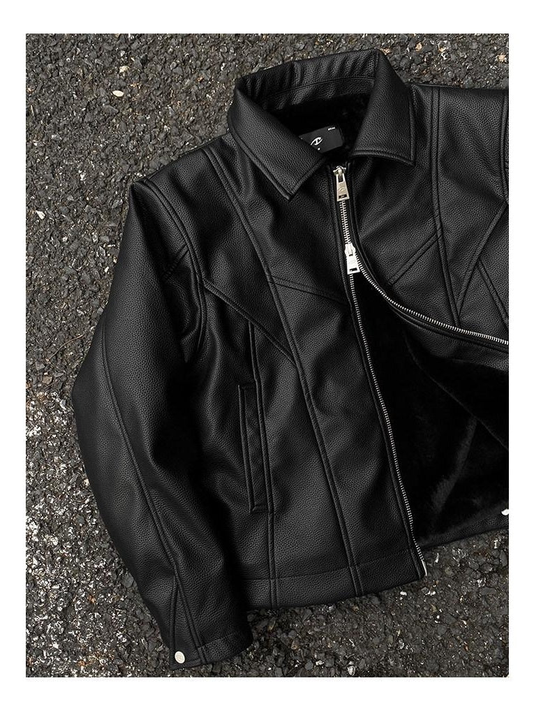 CATSSTAC Fleece Lined Warm Youthful Standard Fit Casual Black Zip Front Leather Jackets