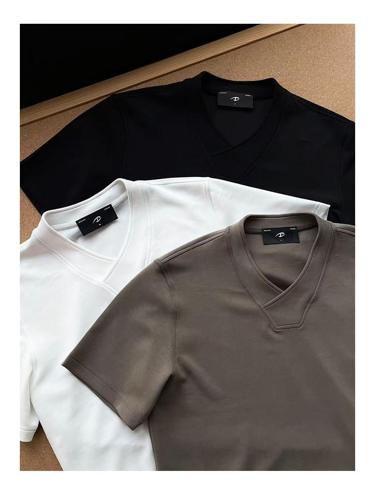 CATSSTAC Lightweight V-neck Loose Fit Trendy Youth Daily Solid Short Sleeve T-Shirts