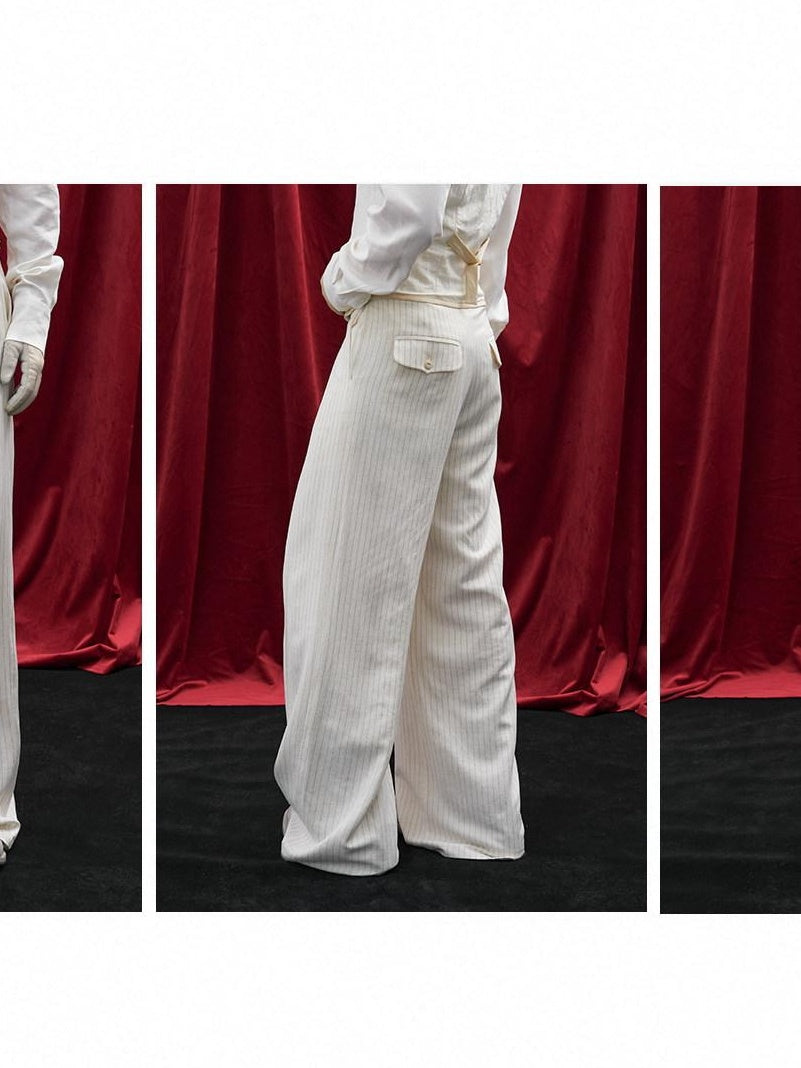 BALITONE White Striped Pleated Viscose Linen Micro Stretch Straight-Leg Casual Trousers
