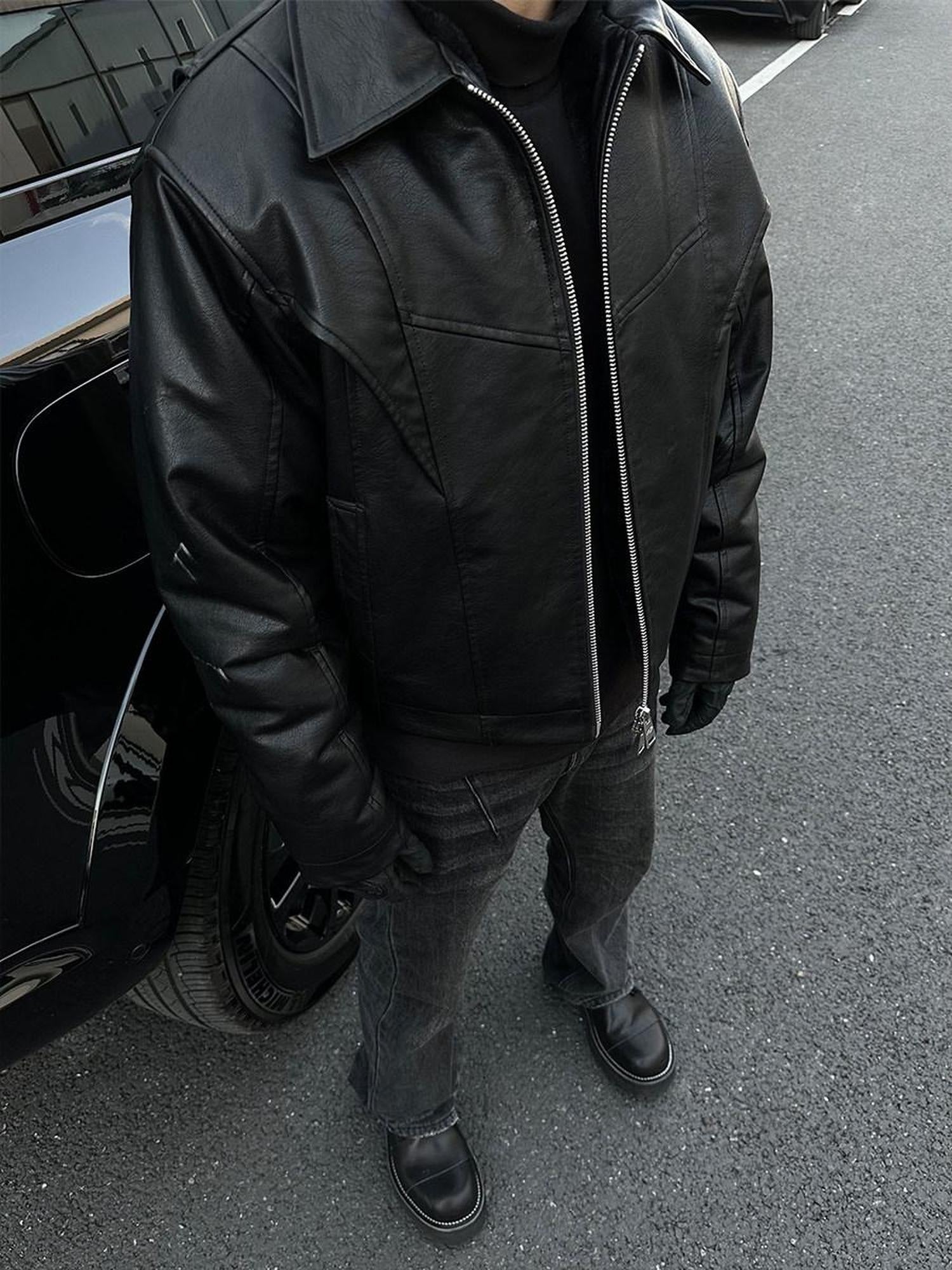CATSSTAC Fleece Lined Warm Youthful Standard Fit Casual Black Zip Front Leather Jackets