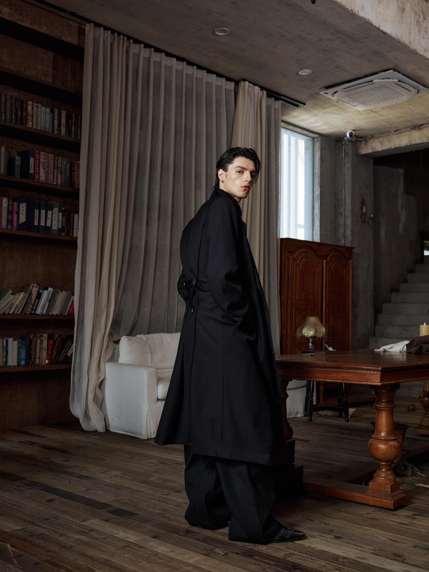 Hypeyourself Windproof Embroidered Loose Longline Lapel Unisex Black Trench Coats