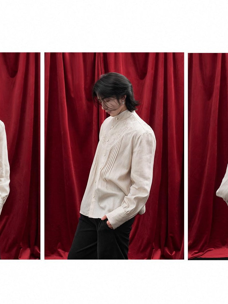 BALITONE Lyocell Linen Embroidered Pleated Regal Stand Collar Unisex Band-Collar Shirts