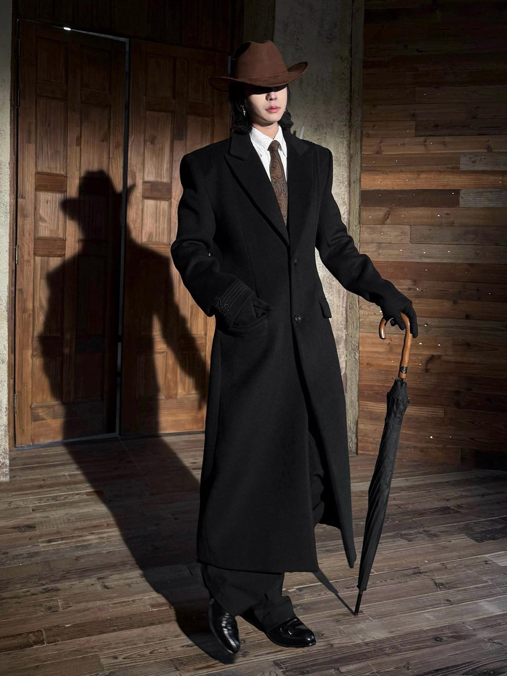 BALITONE Warm Wool Blend Embroidered Button Slim Long Unisex Urban Black Lapel Overcoats