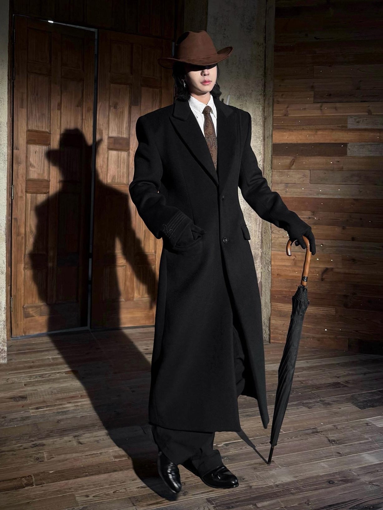 BALITONE Warm Wool Blend Embroidered Button Slim Long Unisex Urban Black Lapel Overcoats