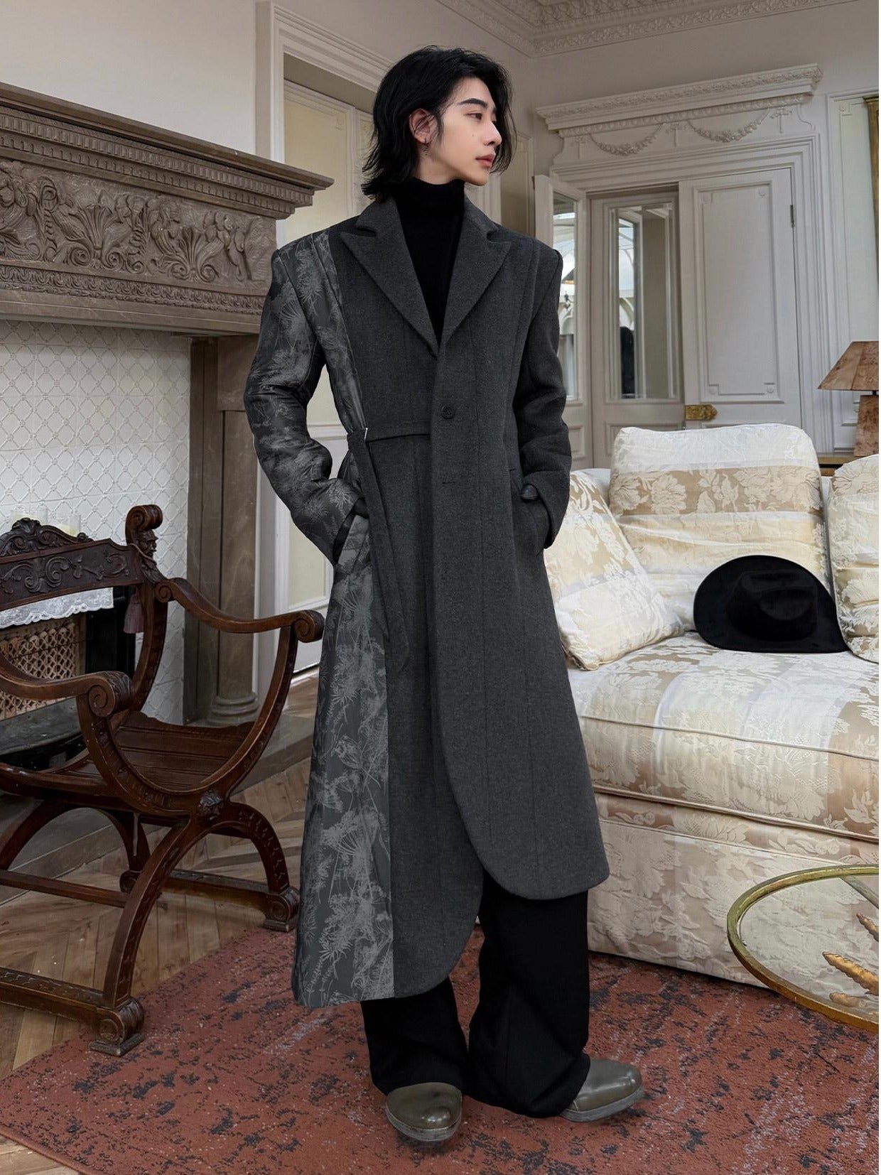 BALITONE Wrinkle Free Slim Fit Irregular Hem Blazer Collar Trendy Deep Gray Wool Coats