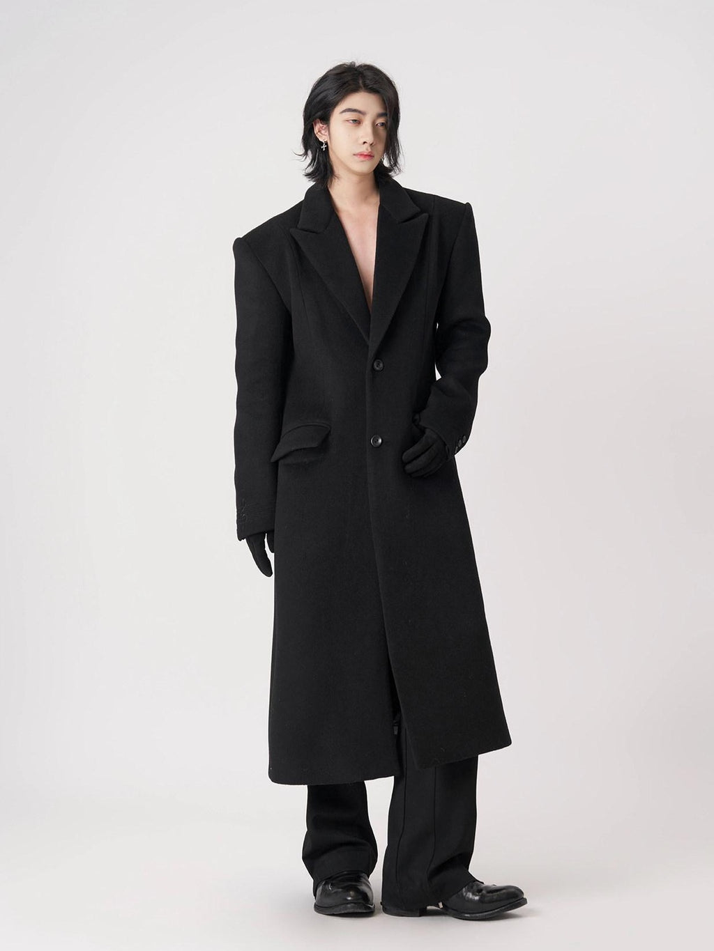 BALITONE Warm Wool Blend Embroidered Button Slim Long Unisex Urban Black Lapel Overcoats