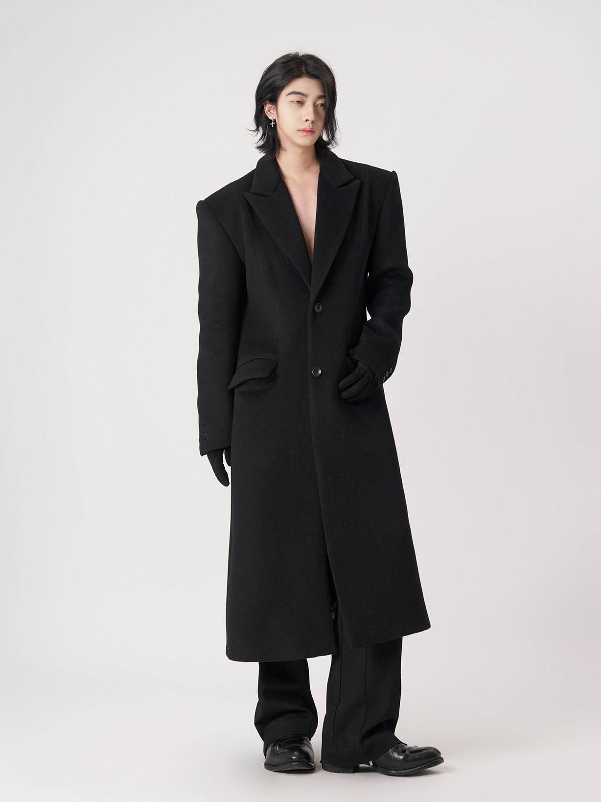 BALITONE Warm Wool Blend Embroidered Button Slim Long Unisex Urban Black Lapel Overcoats
