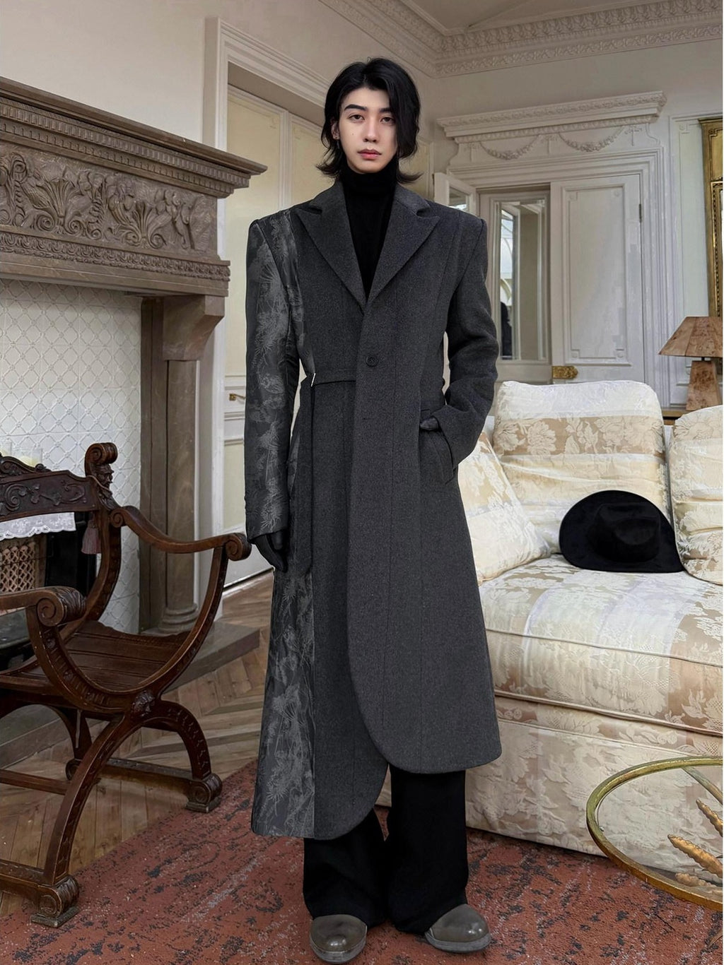 BALITONE Wrinkle Free Slim Fit Irregular Hem Blazer Collar Trendy Deep Gray Wool Coats