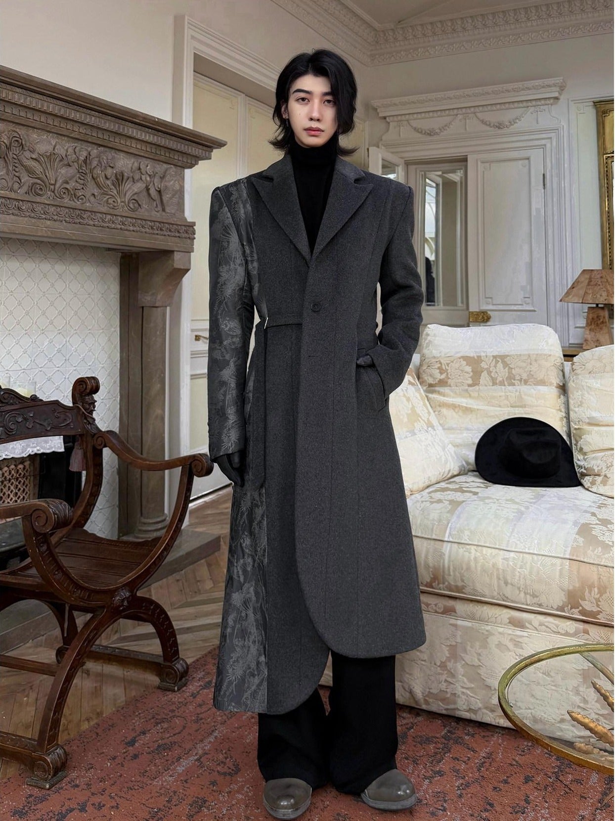 BALITONE Wrinkle Free Slim Fit Irregular Hem Blazer Collar Trendy Deep Gray Wool Coats