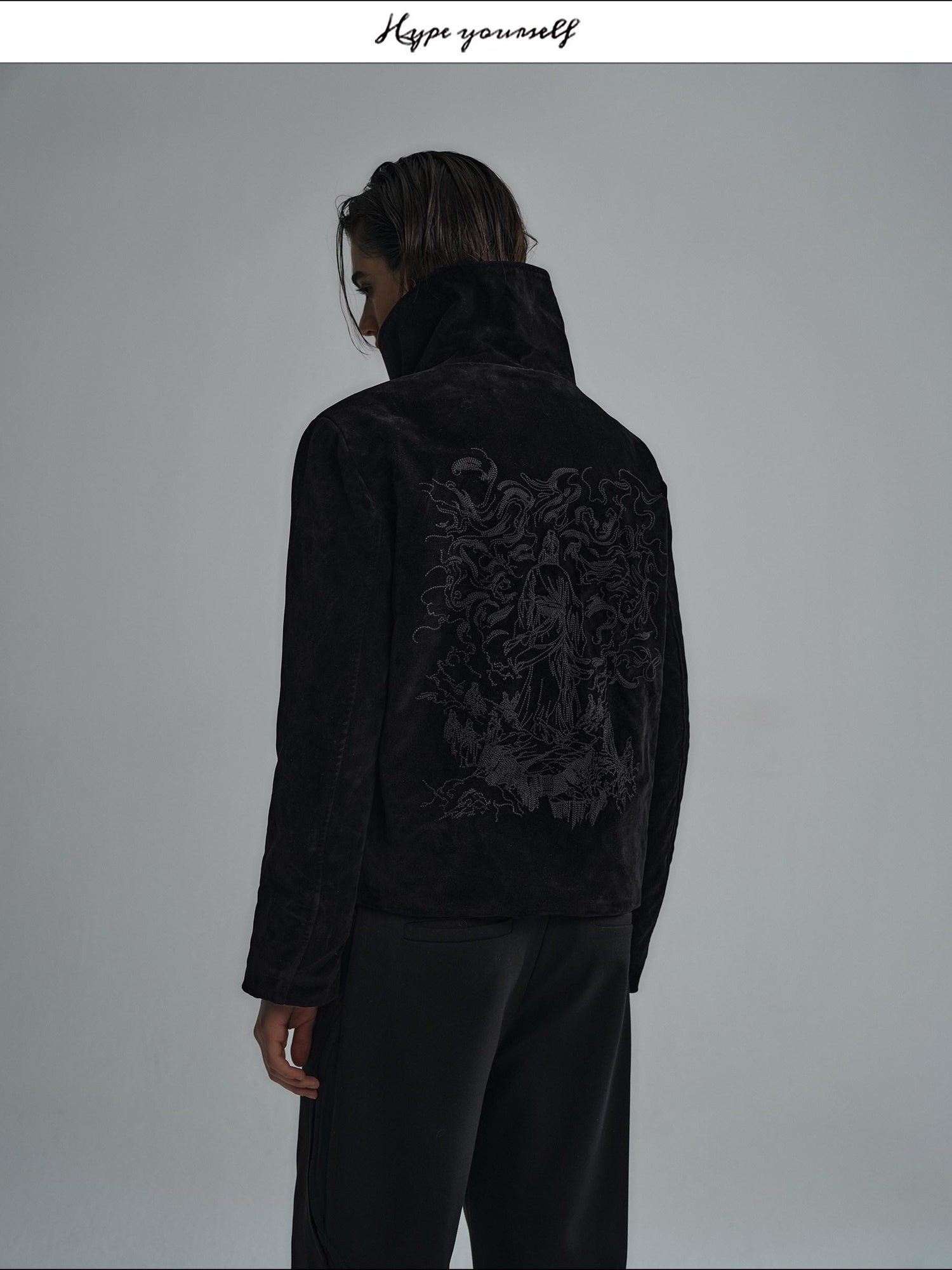 Hypeyourself Embroidered Suede High Collar Thick Unisex Minimal Black Leather Jackets