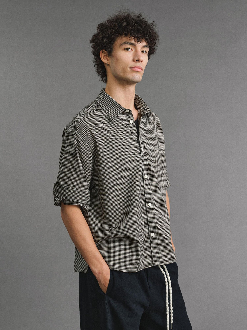 VLABMADE Breathable Hand Pleated Lyocell Blend Houndstooth Unisex Short Sleeve Shirts