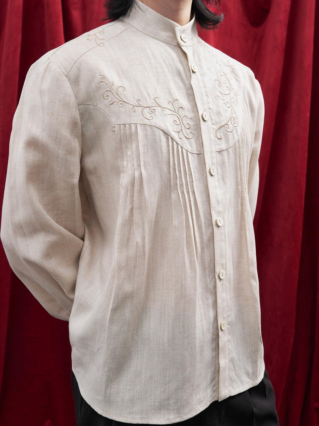 BALITONE Lyocell Linen Embroidered Pleated Regal Stand Collar Unisex Band-Collar Shirts