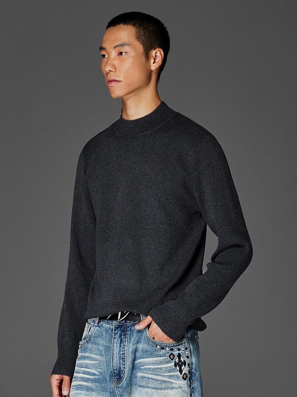 CATSSTAC Soft Loose Mock Neck Warm Casual Unisex Knit Black Gray Sweaters