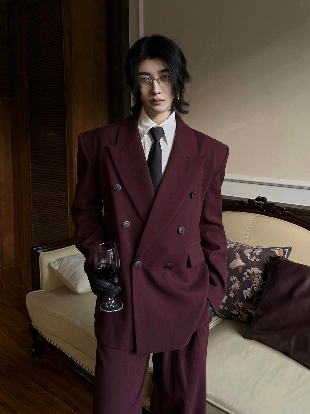 BALITONE Burgundy Black Buttoned Peak Lapel Business Casual Rear Vent Oversized Suits