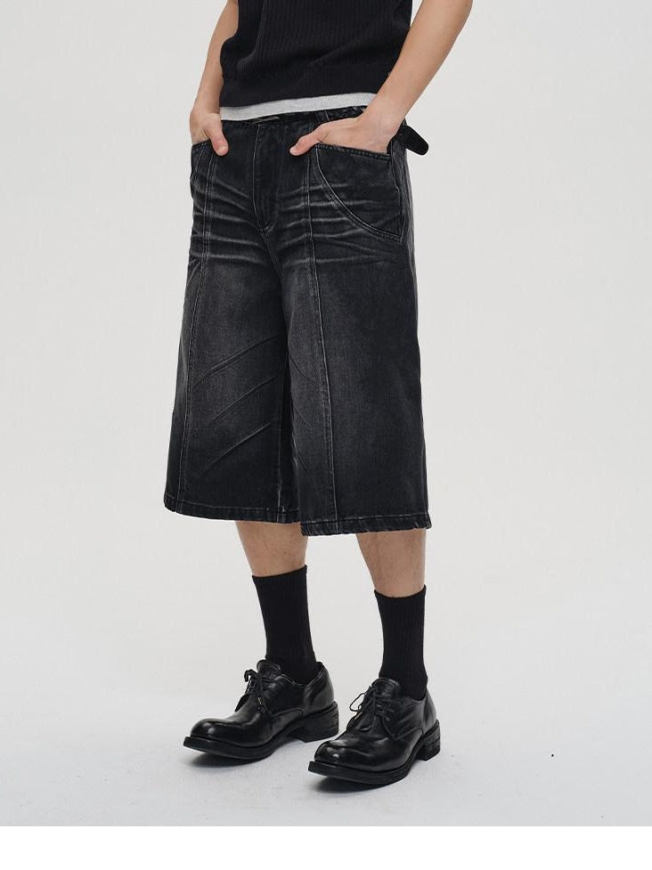 CATSSTAC Leg Slimming Mid Rise Straight Zip Fly Trendy Youth Black Blue Denim Shorts