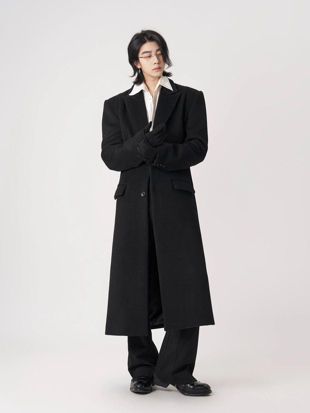 BALITONE Warm Wool Blend Embroidered Button Slim Long Unisex Urban Black Lapel Overcoats