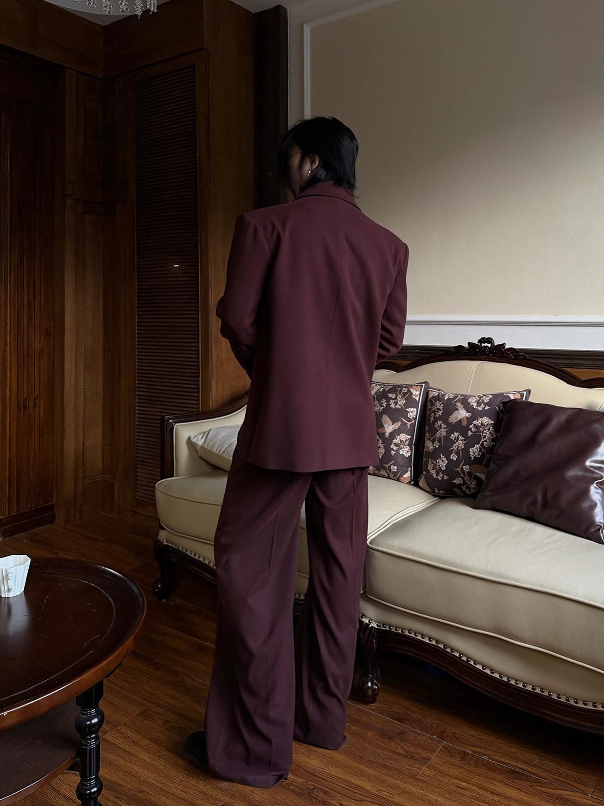 BALITONE No Iron Straight Cut Mid Rise Dark Wine Polyester Straight-Leg Casual Trousers