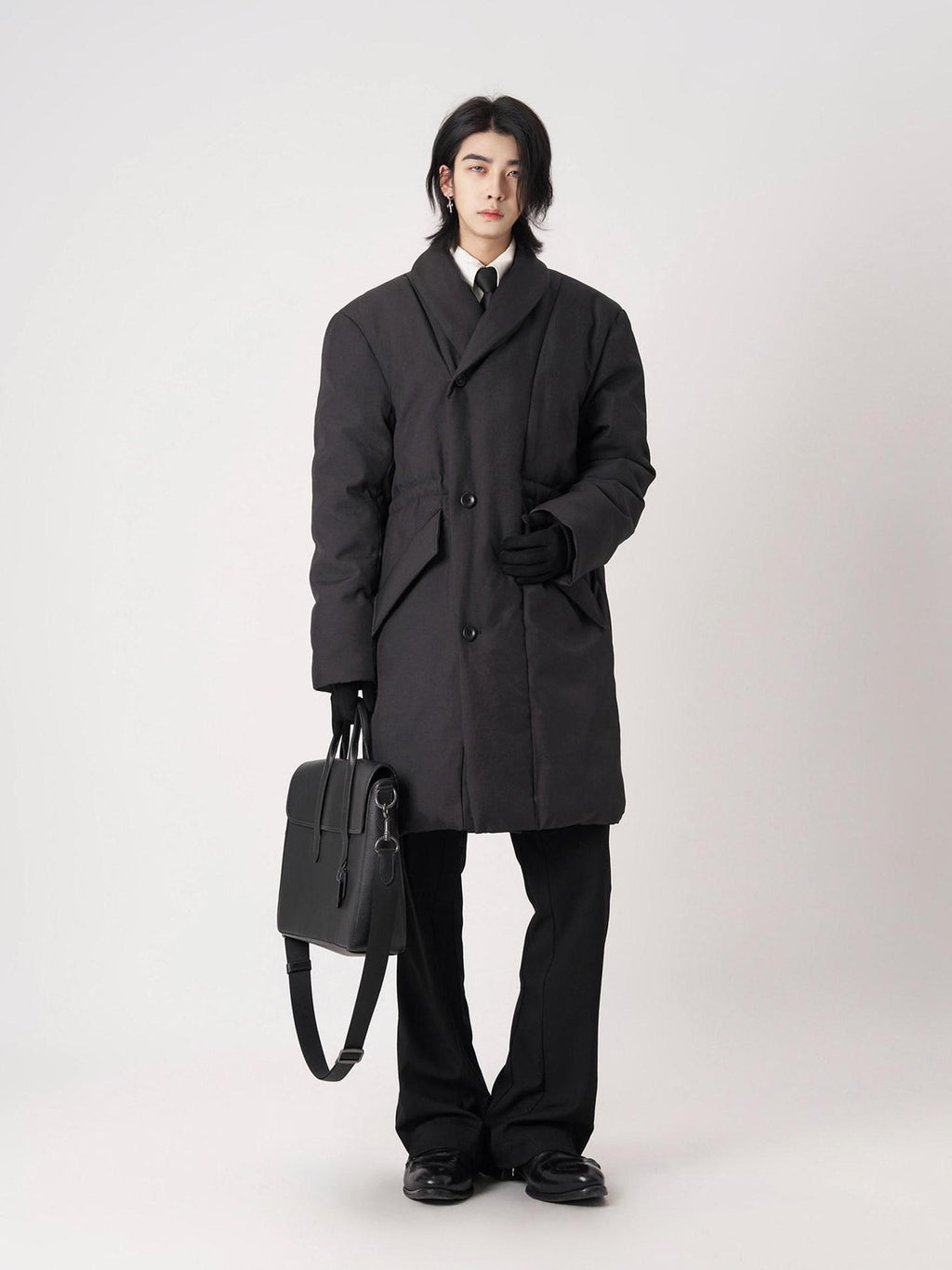 BALITONE Warm Insulated Loose Cleanfit Midlength Lapel Button Black Puffer Down Jackets