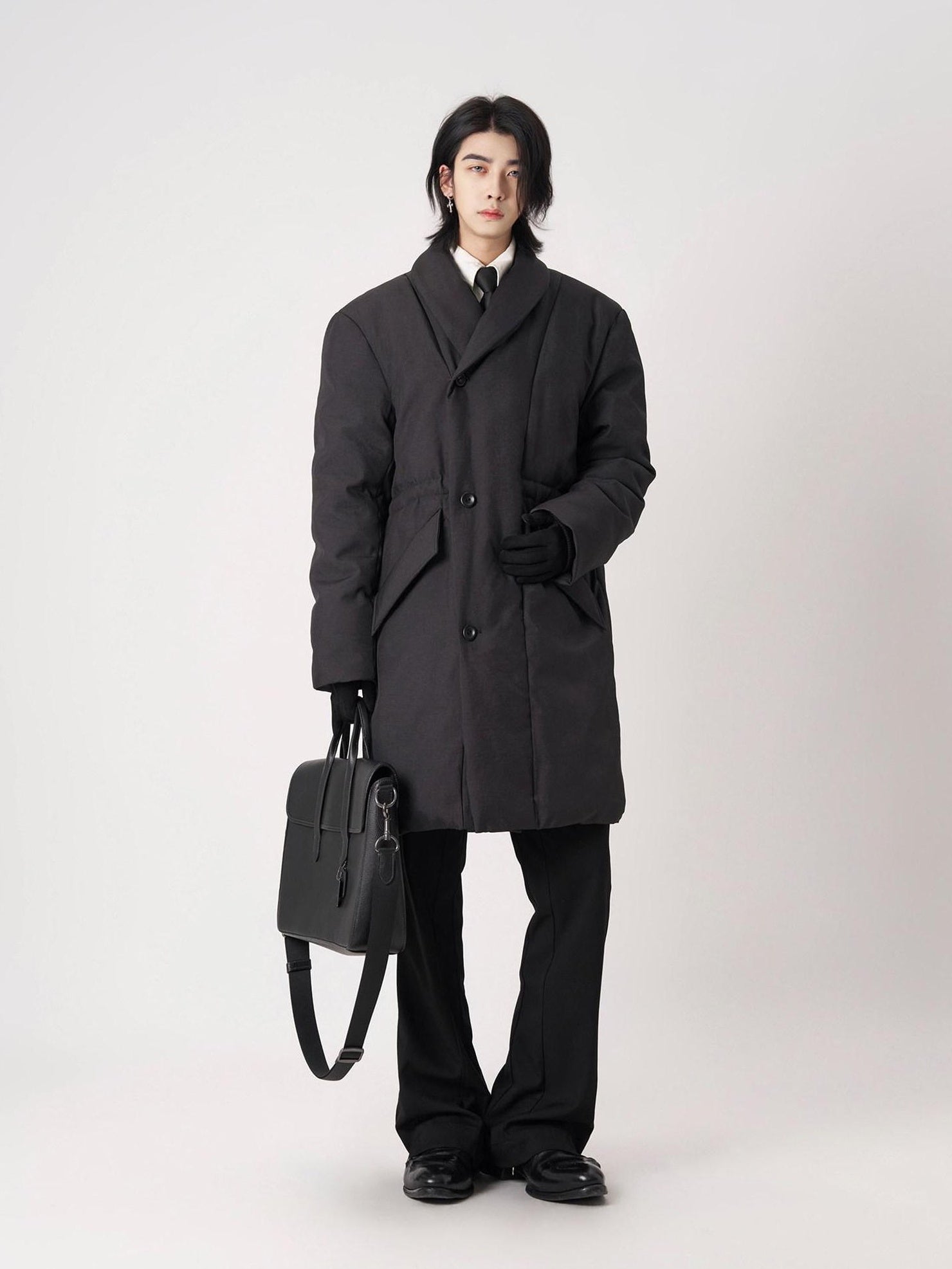 BALITONE Warm Insulated Loose Cleanfit Midlength Lapel Button Black Puffer Down Jackets