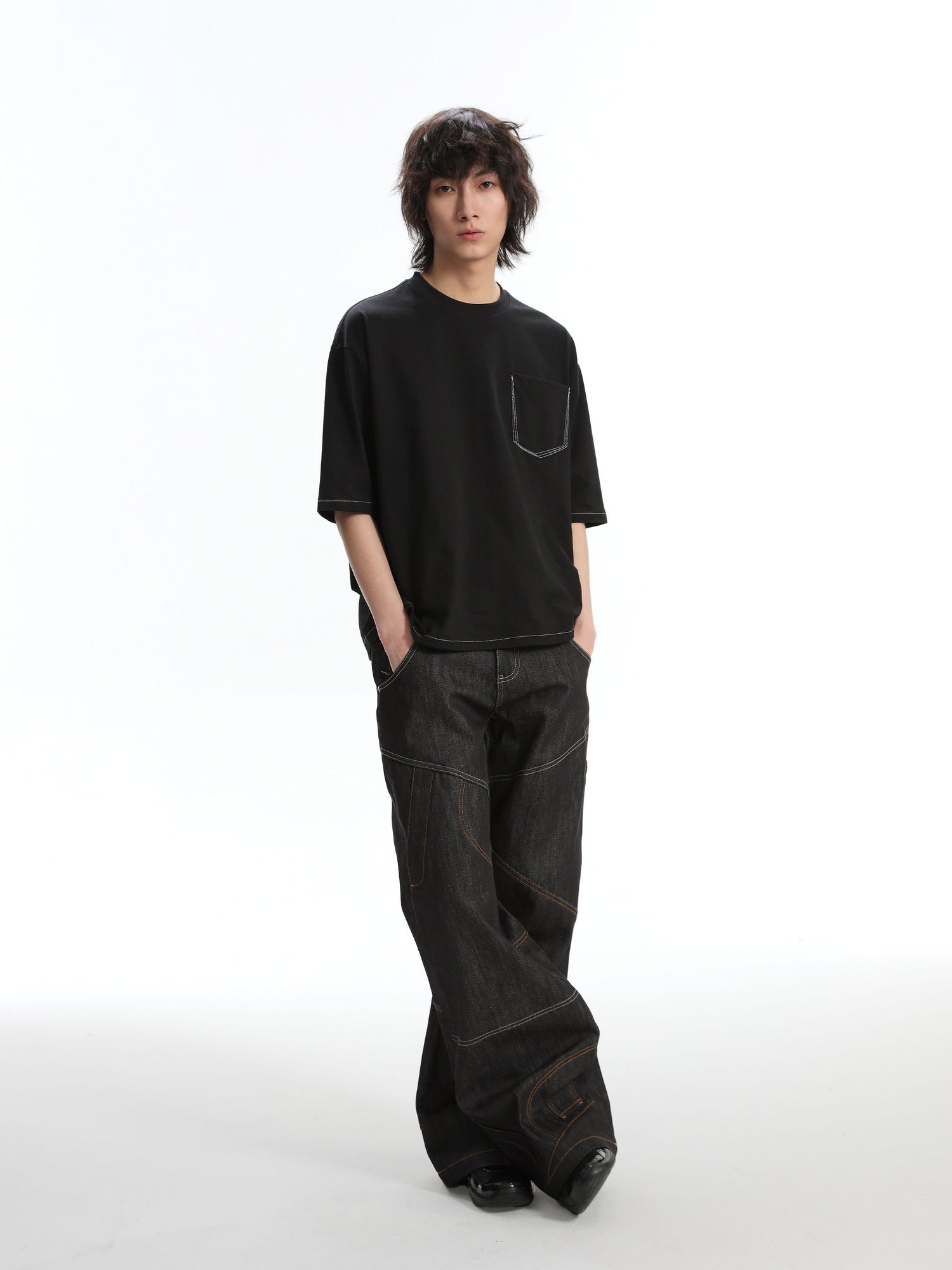 4JUNKS Wrinkle Free Breathable Relaxed Straight Midrise Casual Raw Denim Straight Pants