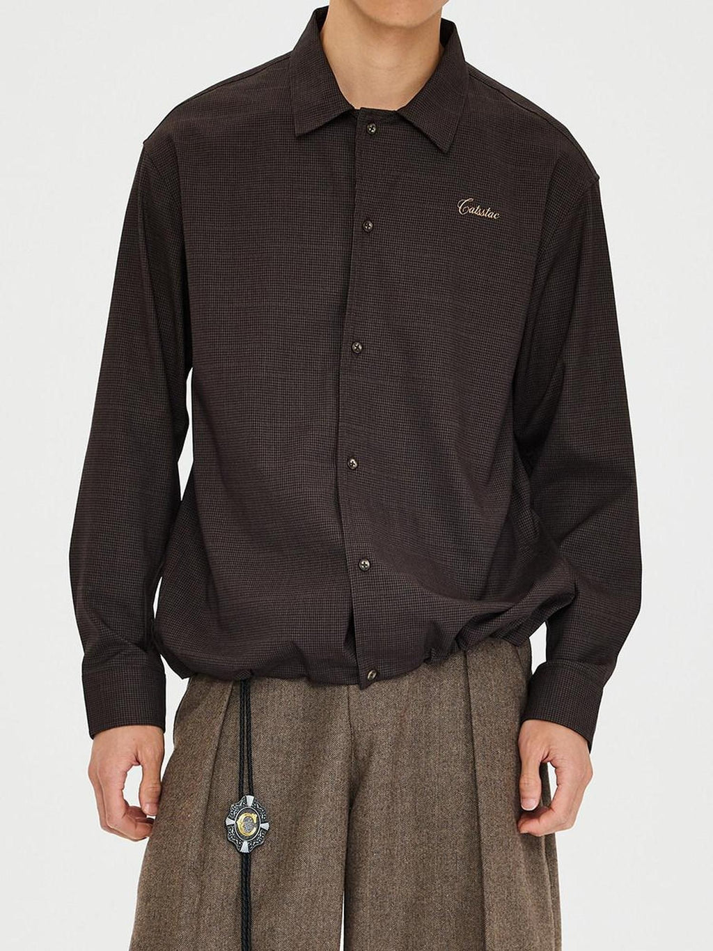 CATSSTAC Polyester Blend Loose Polo Collar Long Sleeve Button Cardigan Unisex Brown Shirts