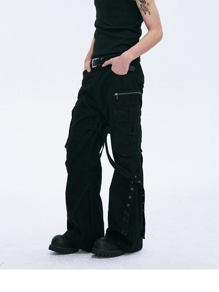 CATSSTAC Tie Detail Button Fly Loose Youth Casual Black Straight Pants