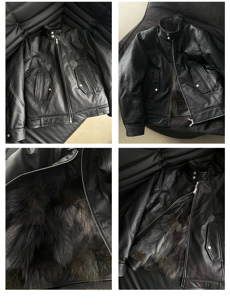 CATSSTAC Black Faux Fur Stand Collar Youthful Regular Fit Casual Leather Jackets